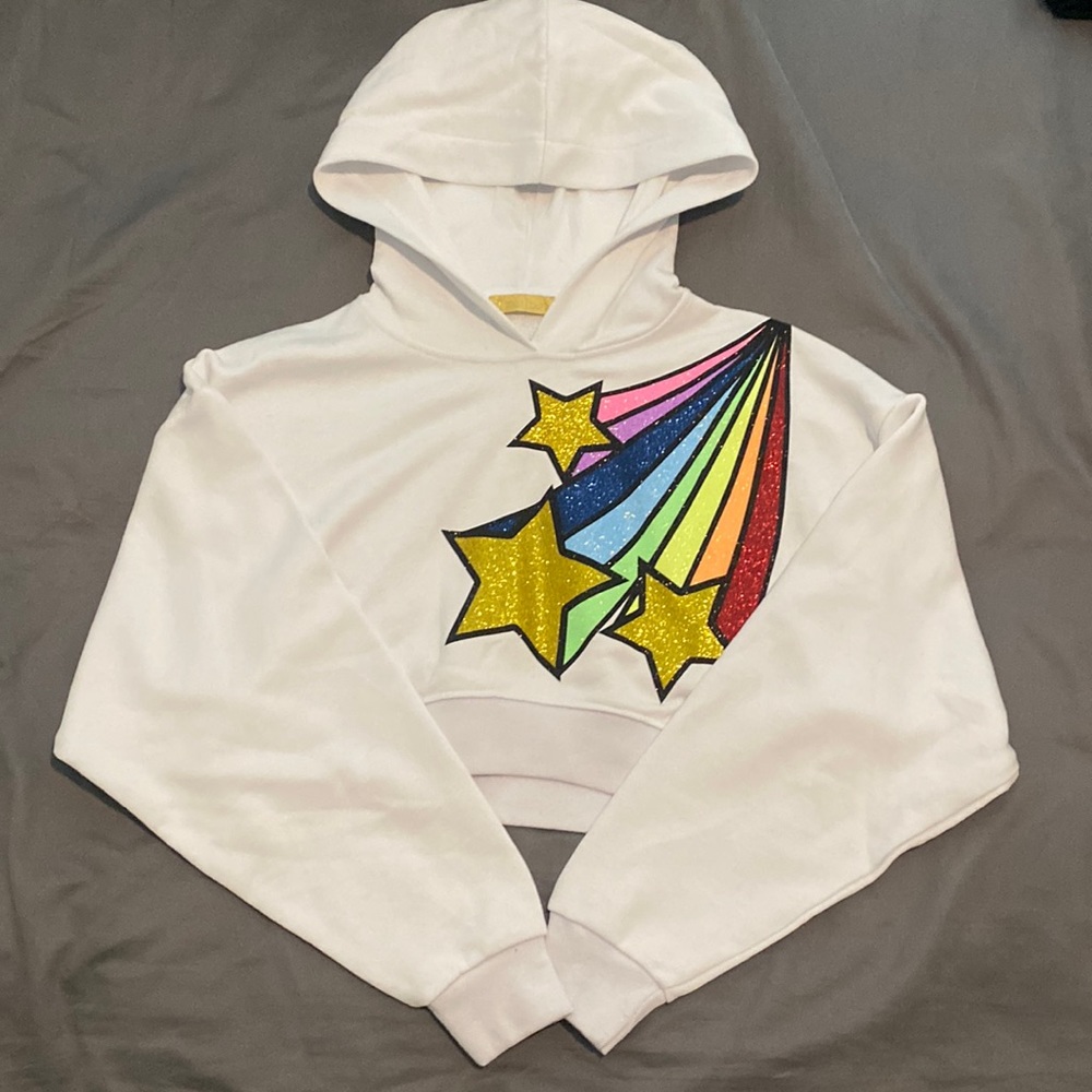 Teen Idol Oversized Cropped Hoodie Sparkly Star and Rainbow Size Small